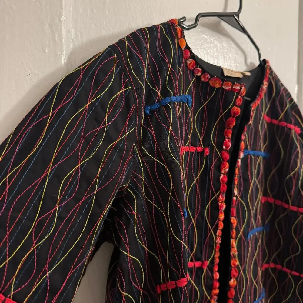 Multicolored Embroidery Boho‎ Bohemian Indie Artsy Teacher Black Blazer